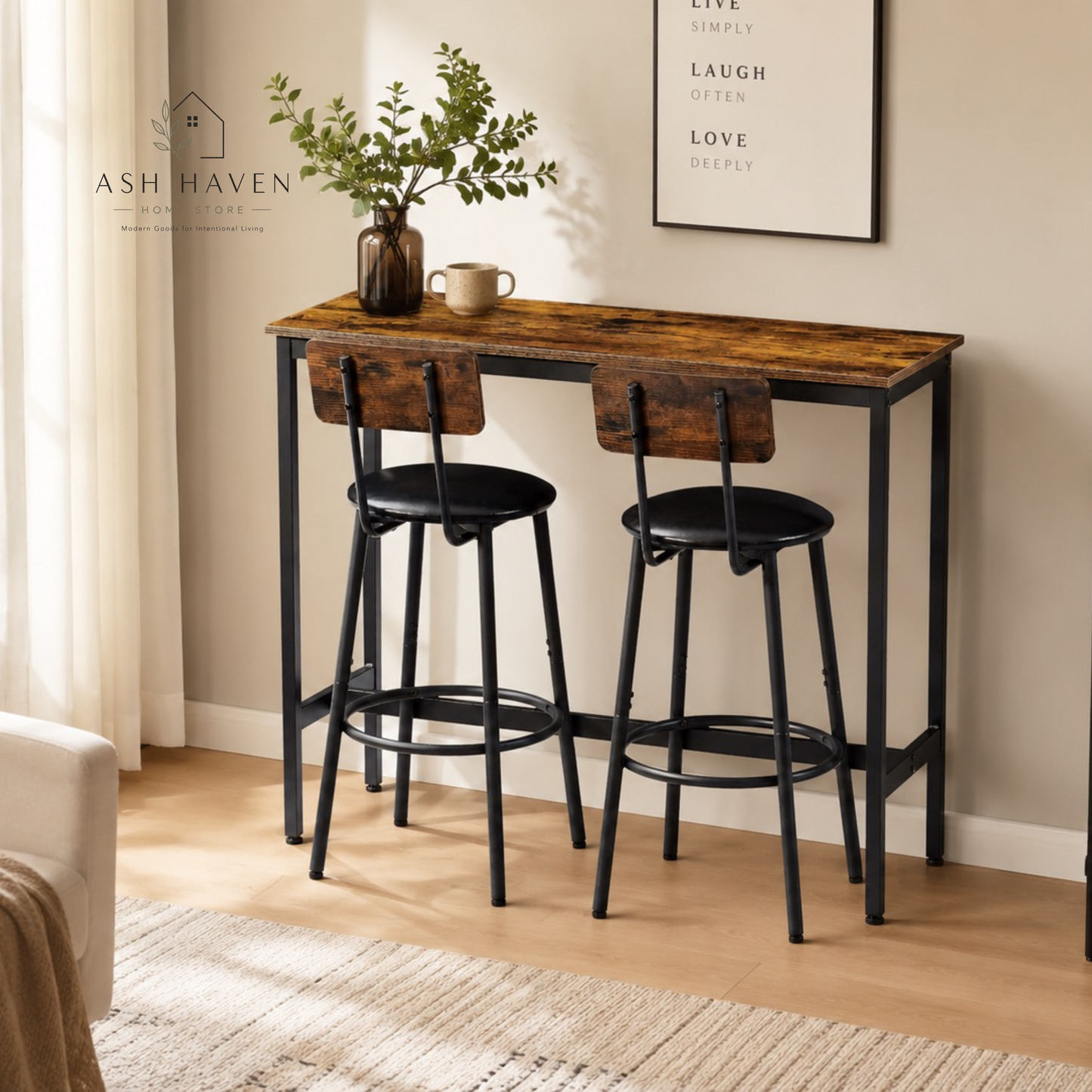 Rustic Bar Table Set with 2 Stools-Wooden Backrest