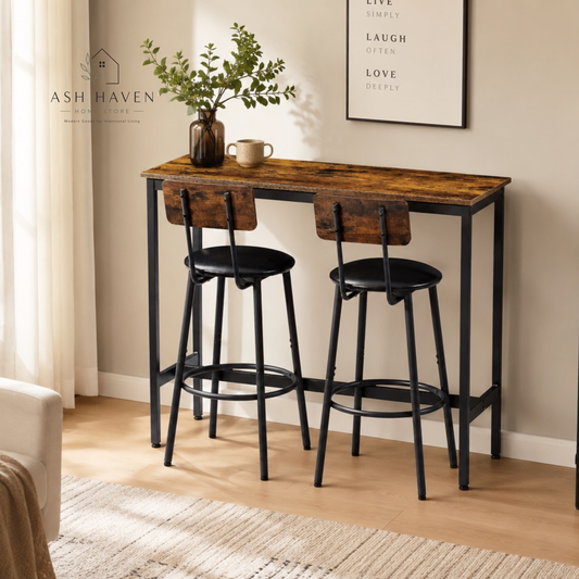 Rustic Bar Table Set with 2 Stools-Wooden Backrest